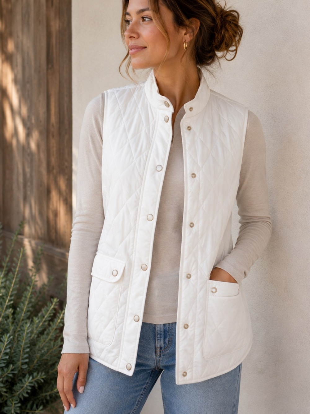 J. McLaughlin S Classic Quilted Sleeveless Vest - Cream brown corduroy collar